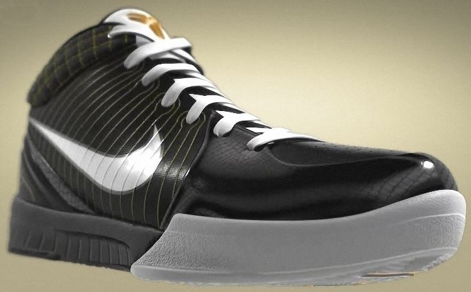 Kobe Bryant basketball shoes pictures: Nike Zoom Kobe IV 4 Black and White Edition in colors black, white and gold, picture 01