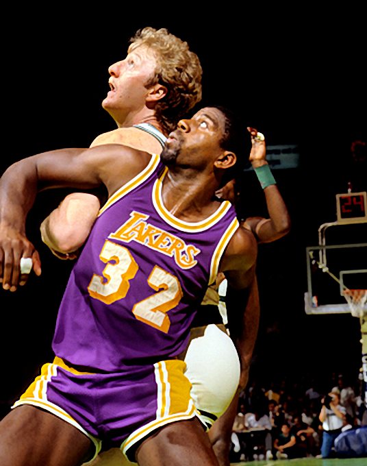 Picture of Los Angeles Lakers Magic Johnson and Boston Celtics Larry Bird fighting for position in Game 2 of the 1985 NBA Finals at Boston Garden.. Photo by Steve Lipofsky