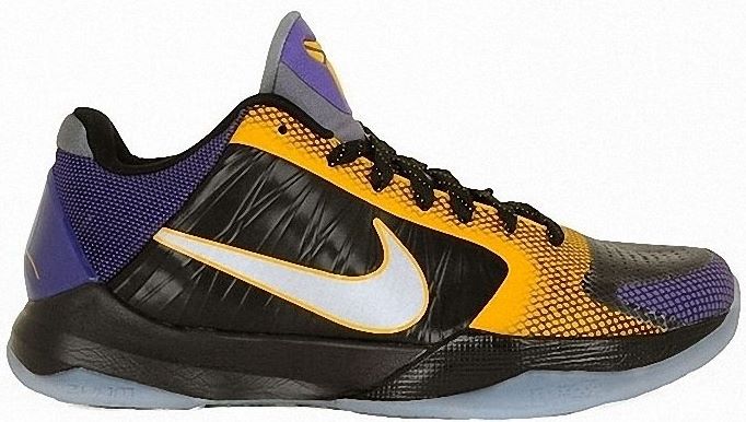 Kobe Bryant basketball shoes pictures: Nike Zoom Kobe V 5 Lakers Carpe Diem Edition in colors black, purple and gold