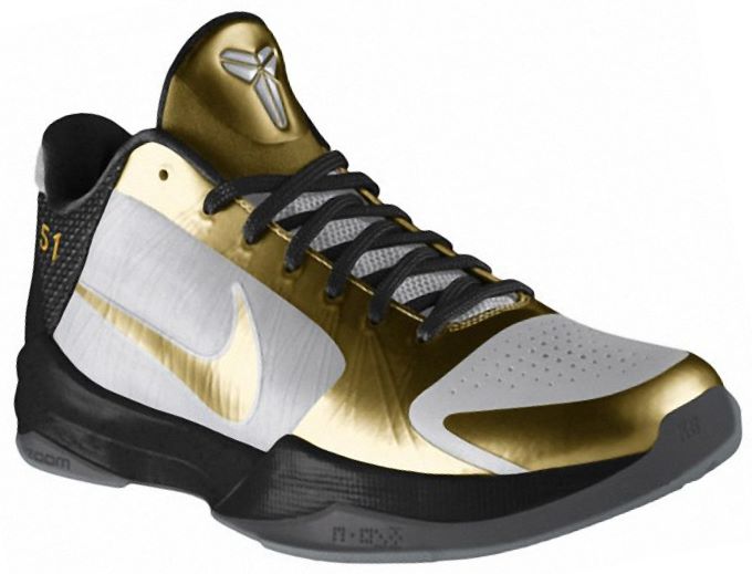 Kobe Bryant basketball shoes pictures: Nike Zoom Kobe V 5 2010 Nike id Edition in colors black, white and gold
