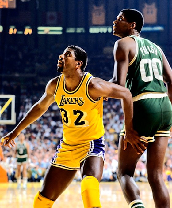 Picture of Los Angeles Lakers Magic Johnson and Boston Celtics Robert Parish in the 1985 NBA Finals. Photo by Steve Lipofsky