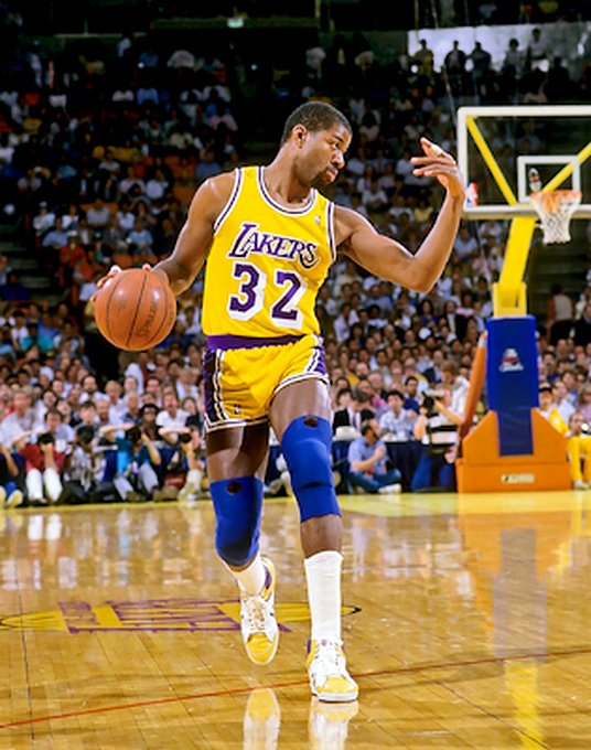 Picture of Magic Johnson leading the Lakers offense in the 1987 NBA Finals against the Celtics. Photo by Steve Lipofsky