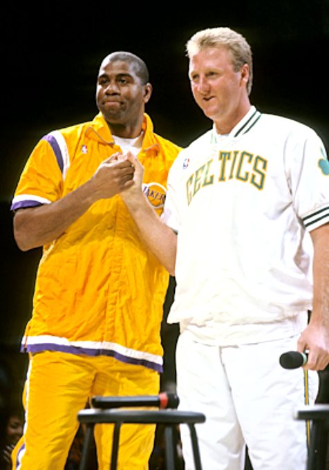 Picture of Boston Celtics Larry Bird and Los Angeles Lakers Magic Johnson at Larry's retirement ceremony at Boston Garden. Photo by Steve Lipofsky